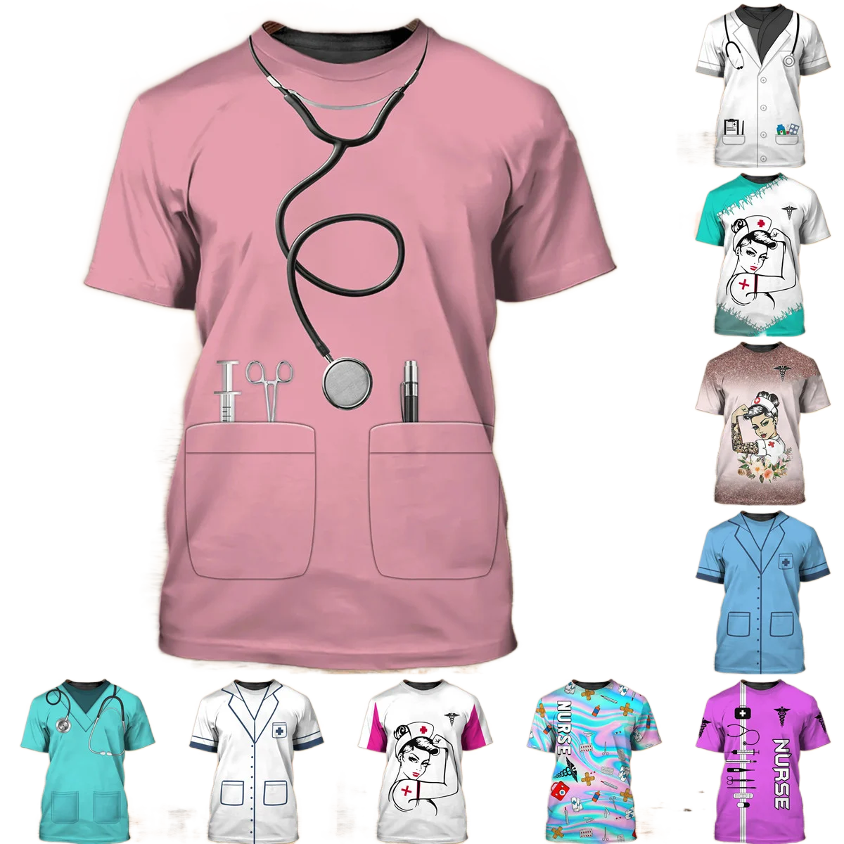 2023 Új nyári női kerek nyakú orvos nővér egyedi ruházat Egyenruha 3D nyomtatott kórházi rövid ujjú póló felső munkaruha Kép 0