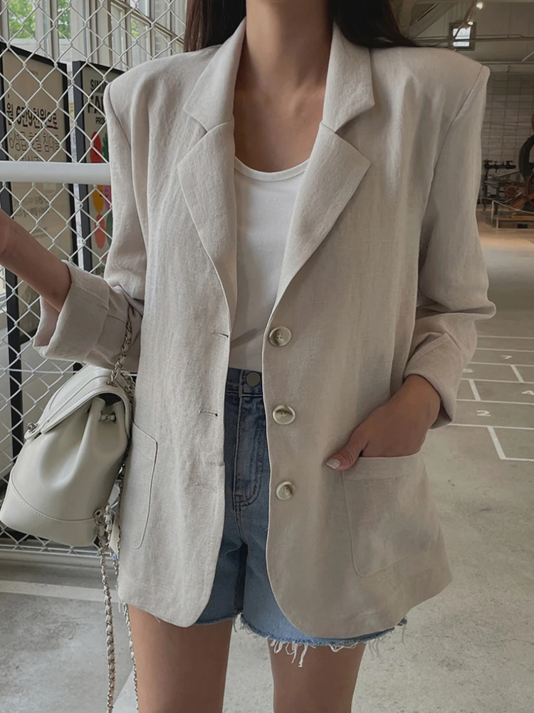 Cotton Linen Women Blazer Casual Loose Elegant and Chic Vintage Solid Office Jackets Kabát Női felsőruházat Ruhák Kardigánok Új Kép 0