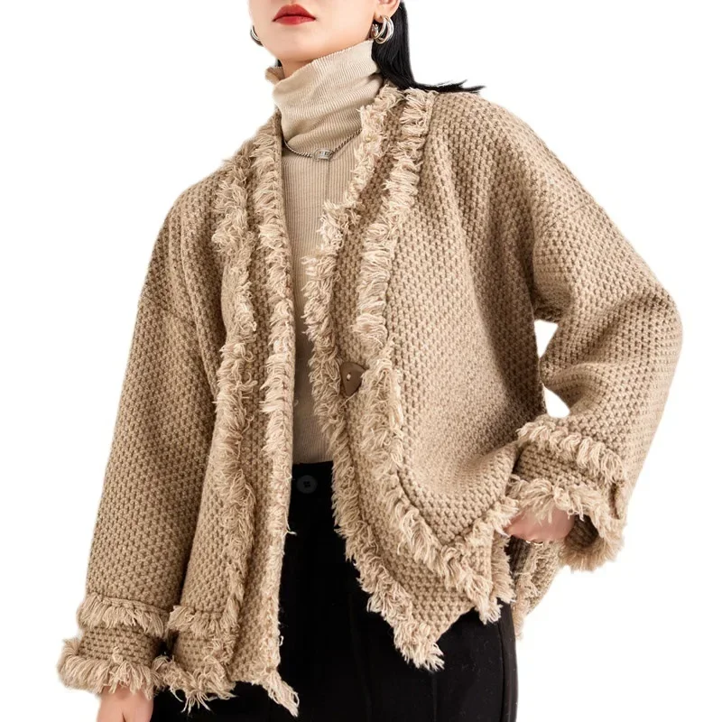 Divat V-nyakú kötött felső 2023 lusta szél női felsők laza kabátok női kötött kardigán pulóver bojt rövid pulóver kardigán Kép 0