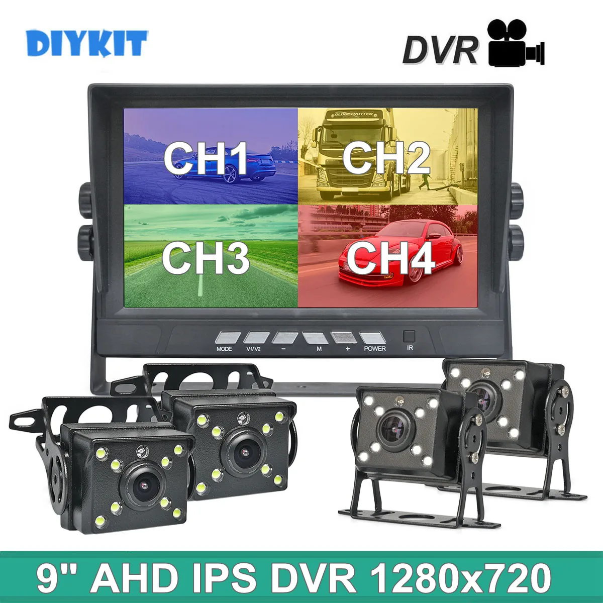 DIYKIT 9inch AHD Split QUAD Car HD Monitor 1280 * 720 AHD éjjellátó visszapillantó LED kamera vízálló videofelvétellel Kép 0