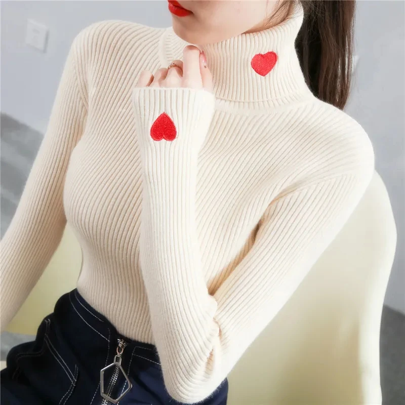 Gidyq Spring Women Kötött pulóver Divat Szerelem hímzés Slim fenekű ing Alkalmi Koreai Női Tömör pulóver Top Új Kép 0