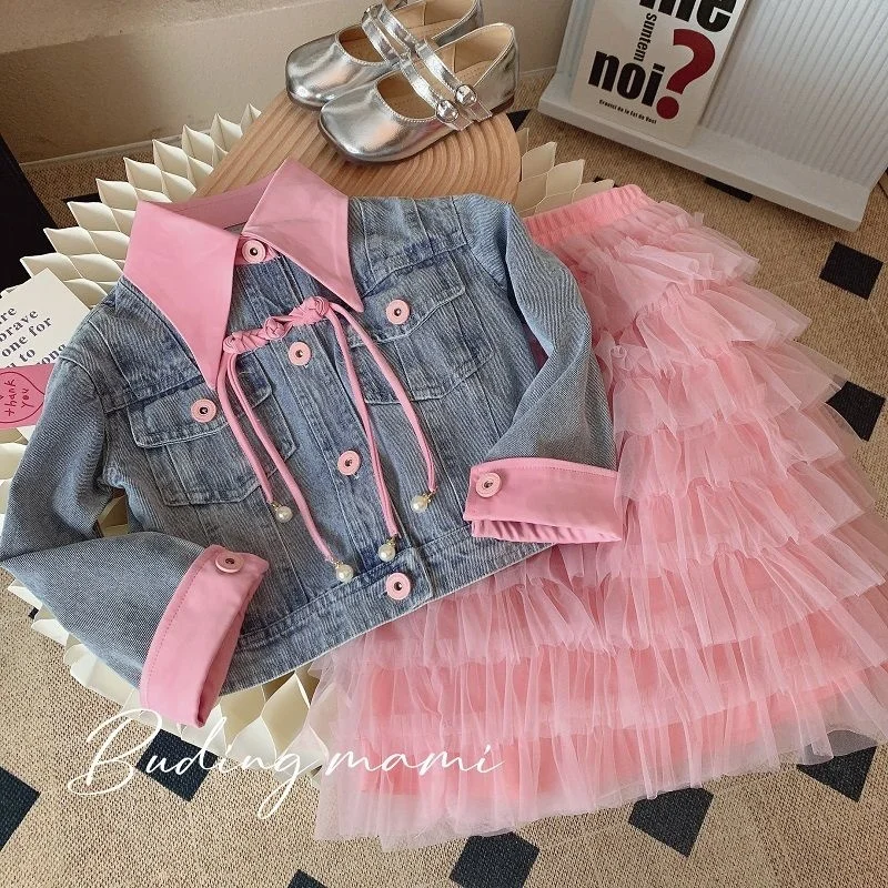 Kiskereskedelem 2023 Új kislányok őszi divatkészletek, farmerkabát + rózsaszín hálós szoknyák Princess édes öltönyök 2-9 t Kép 0