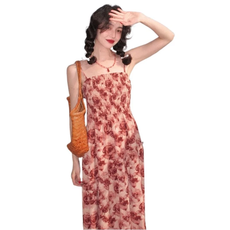 koreai mintás köntös Femme nyári pánt nélküli ujjatlan hosszú ruha fodrok spagetti pánt vékony ruha plusz méret Vestidos ropa mujer Kép 0