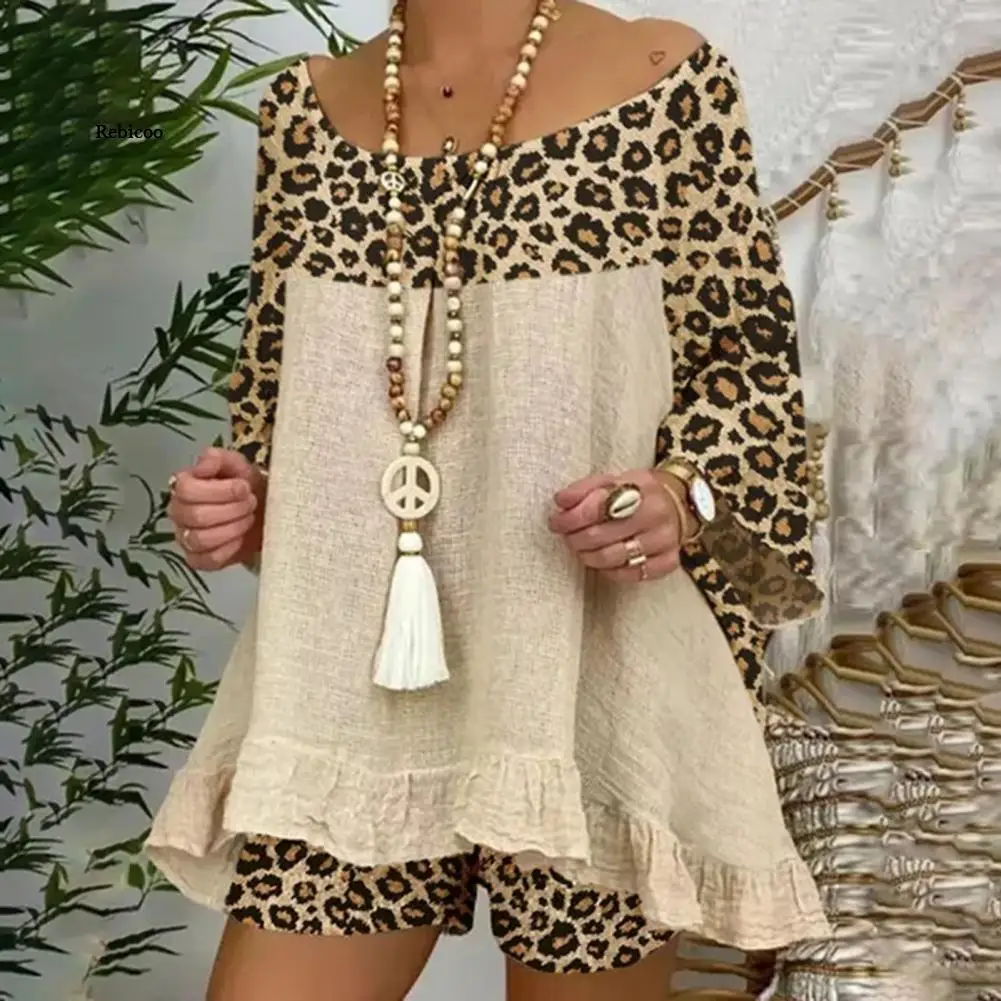 Nyári vintage leopárd patchwork ruhák készlet pamutvászon ingfelsők és bő rövidnadrágok öltöny alkalmi 3/4 ujjú női kétrészes szett Kép 0