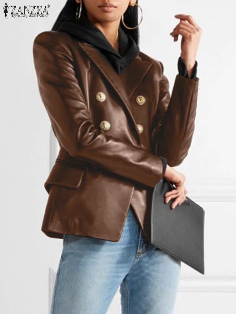 ZANZEA 2023 PU bőr Cool Blazer női őszi gombok dzseki vintage hosszú ujjú kabát divathajtóka gallér irodai felsőruházat Kép 0