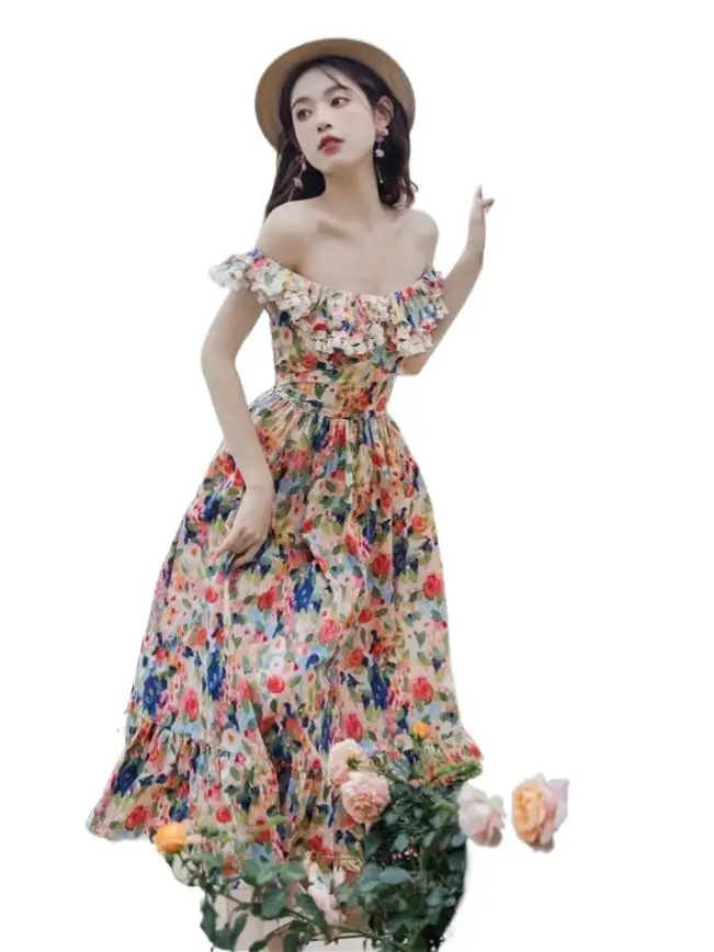 платье сарафан летнее divat Sweet Flower mintás pamutruha,Fodros slash nyakú nyaralás hosszú maxi ruha 5XL boho ruha Kép 0