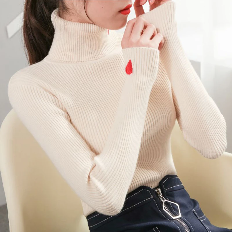 Gidyq Spring Women Kötött pulóver Divat Szerelem hímzés Slim fenekű ing Alkalmi Koreai Női Tömör pulóver Top Új Kép 1