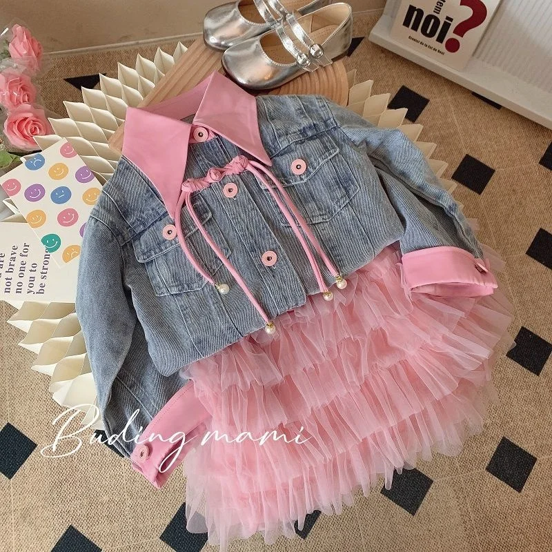 Kiskereskedelem 2023 Új kislányok őszi divatkészletek, farmerkabát + rózsaszín hálós szoknyák Princess édes öltönyök 2-9 t Kép 1