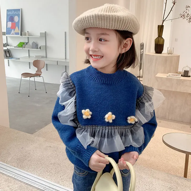 koreai gyermek kötött pulóver kislányoknak 2023 téli ruhák pulóver virágok csipke pulóverrel H37 gyermekruházat Kép 1