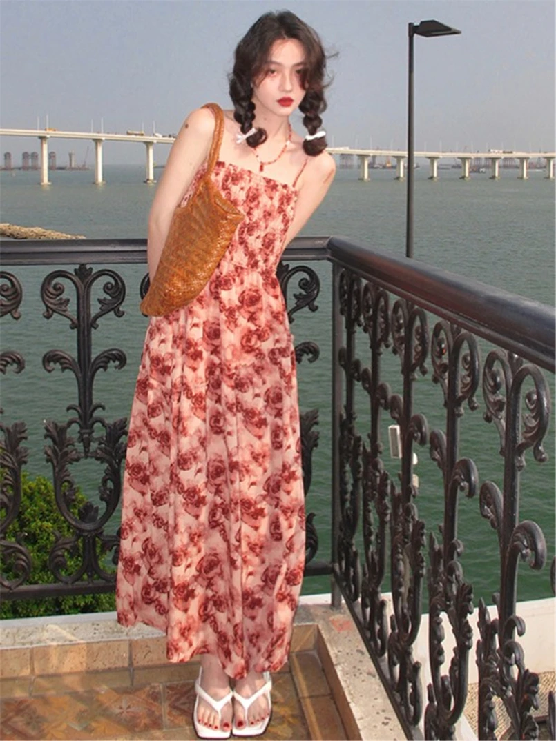 koreai mintás köntös Femme nyári pánt nélküli ujjatlan hosszú ruha fodrok spagetti pánt vékony ruha plusz méret Vestidos ropa mujer Kép 1