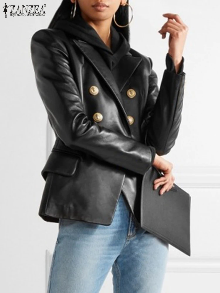 ZANZEA 2023 PU bőr Cool Blazer női őszi gombok dzseki vintage hosszú ujjú kabát divathajtóka gallér irodai felsőruházat Kép 1