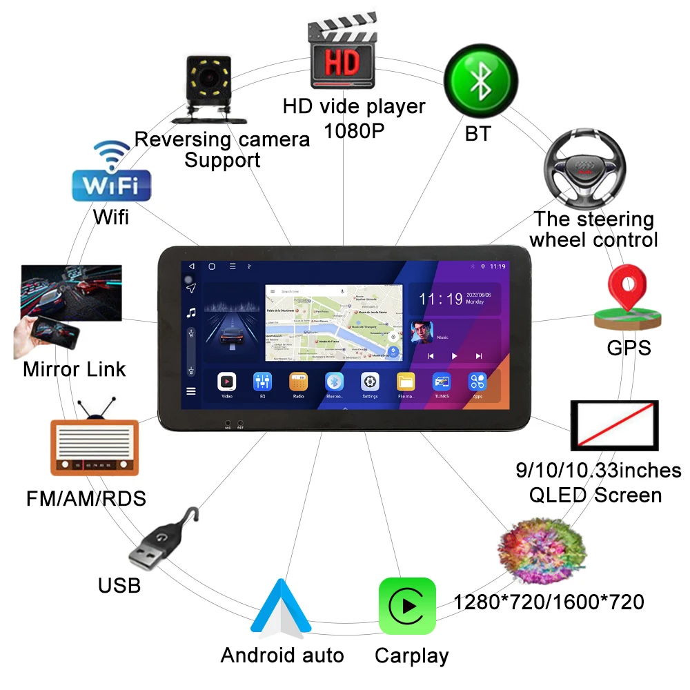 10.33 hüvelykes autórádió a Ford Escort 15-18 számára 2Din Android nyolcmagos autórádió DVD GPS navigációs lejátszó QLED képernyő Carplay Kép 2