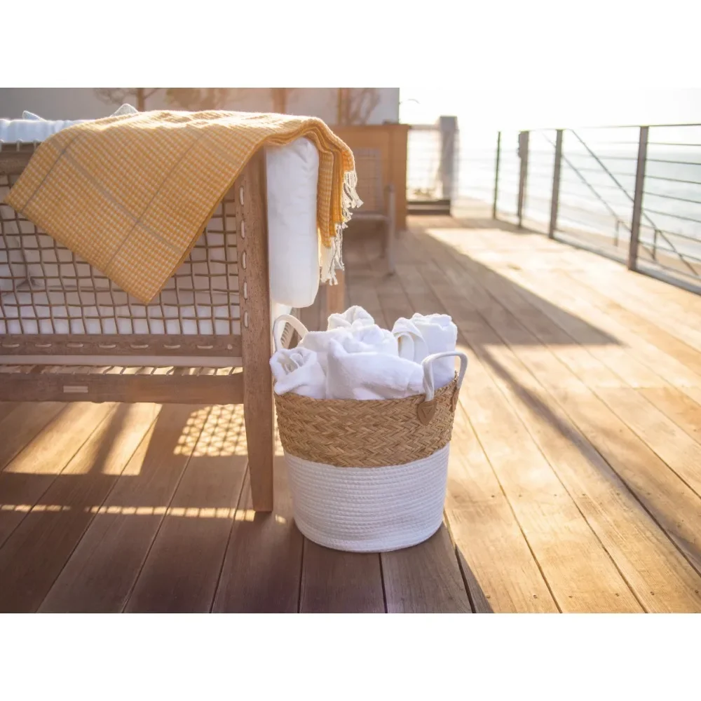 2 kerek tárolókosárból álló készlet, fonott tengerfű & pamutkötél (LG+MD), natúr & fehér Kép 2