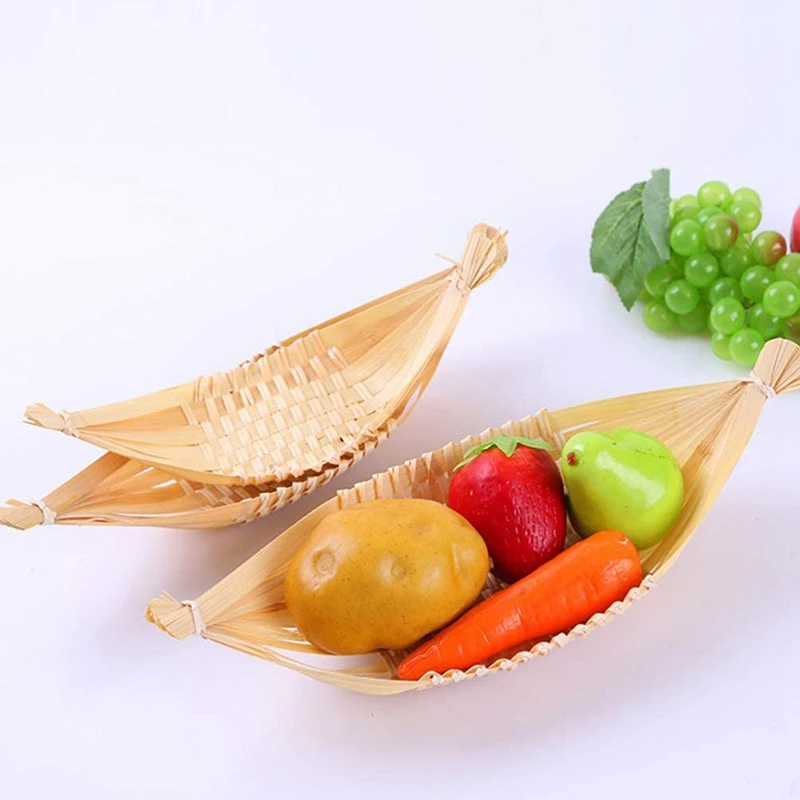 2DB Bambusz szőtt gyümölcstál Kézzel szőtt csónak alakú juhszarv kosár Piknik Cukorka snack kenyérkosár Kép 2