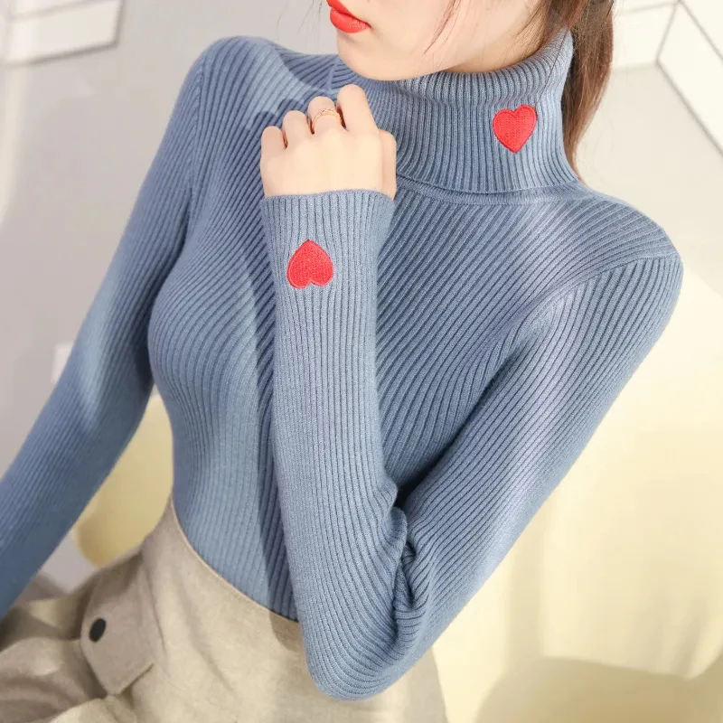 Gidyq Spring Women Kötött pulóver Divat Szerelem hímzés Slim fenekű ing Alkalmi Koreai Női Tömör pulóver Top Új Kép 2