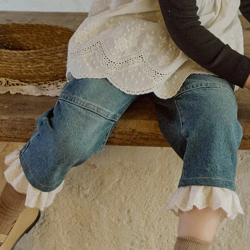 Girls Jeans 2023 ősz Új dél-koreai gyerekek lányok díszes csipke alkalmi egyenes lábú széles lábú kilenc perces nadrág lány nadrág Kép 2