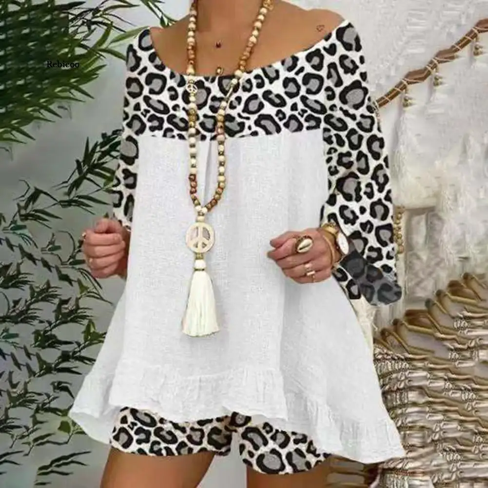 Nyári vintage leopárd patchwork ruhák készlet pamutvászon ingfelsők és bő rövidnadrágok öltöny alkalmi 3/4 ujjú női kétrészes szett Kép 2