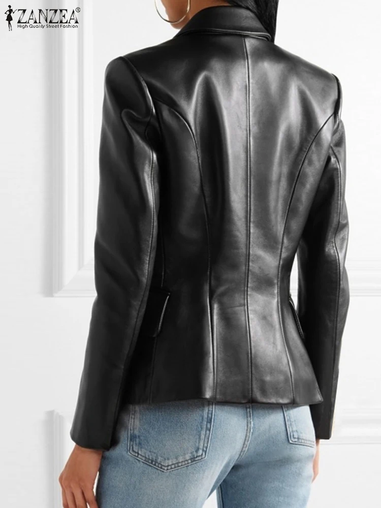 ZANZEA 2023 PU bőr Cool Blazer női őszi gombok dzseki vintage hosszú ujjú kabát divathajtóka gallér irodai felsőruházat Kép 2