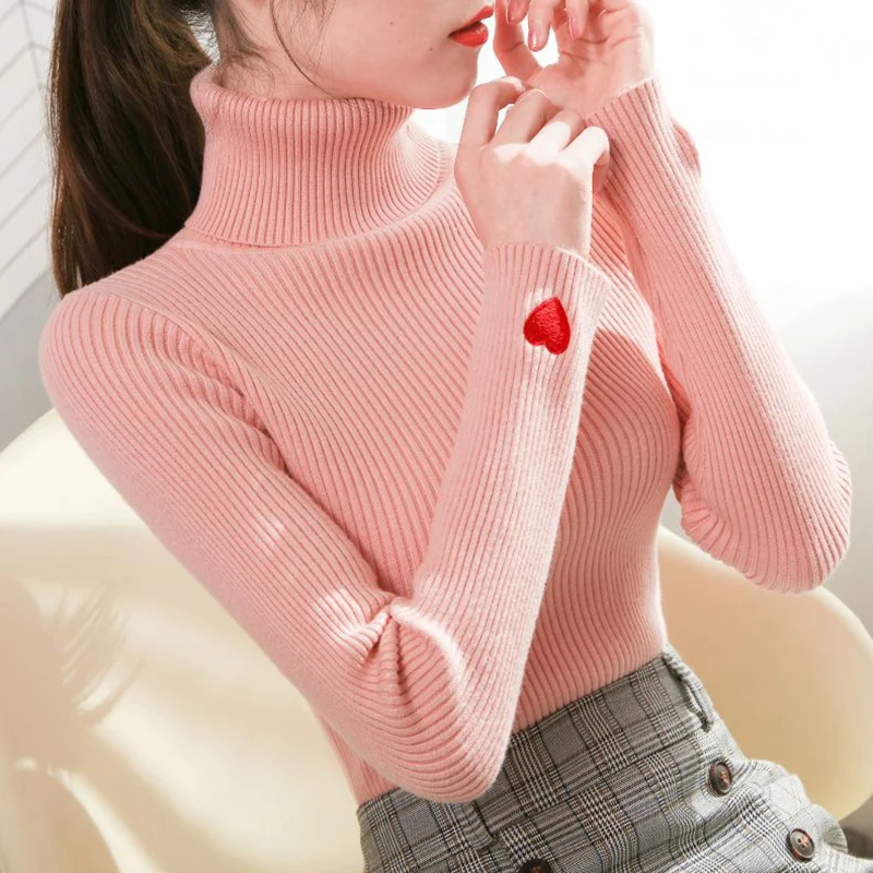 Gidyq Spring Women Kötött pulóver Divat Szerelem hímzés Slim fenekű ing Alkalmi Koreai Női Tömör pulóver Top Új Kép 3