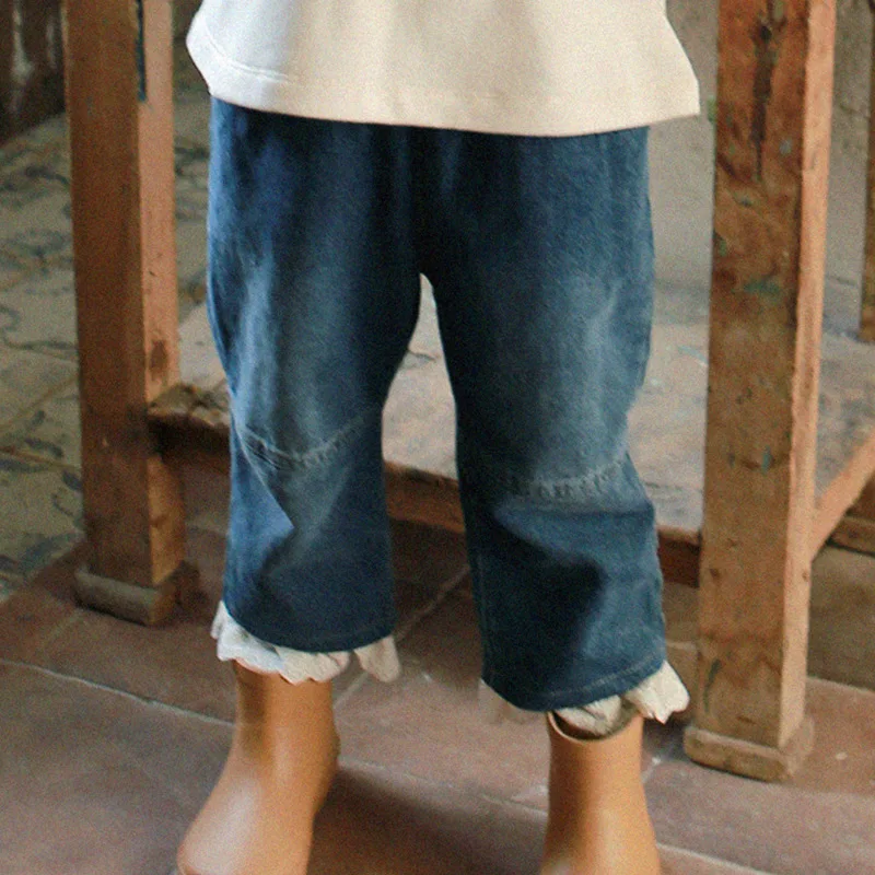 Girls Jeans 2023 ősz Új dél-koreai gyerekek lányok díszes csipke alkalmi egyenes lábú széles lábú kilenc perces nadrág lány nadrág Kép 3