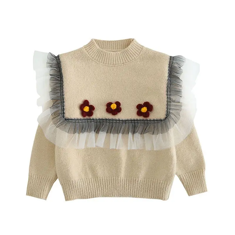 koreai gyermek kötött pulóver kislányoknak 2023 téli ruhák pulóver virágok csipke pulóverrel H37 gyermekruházat Kép 3