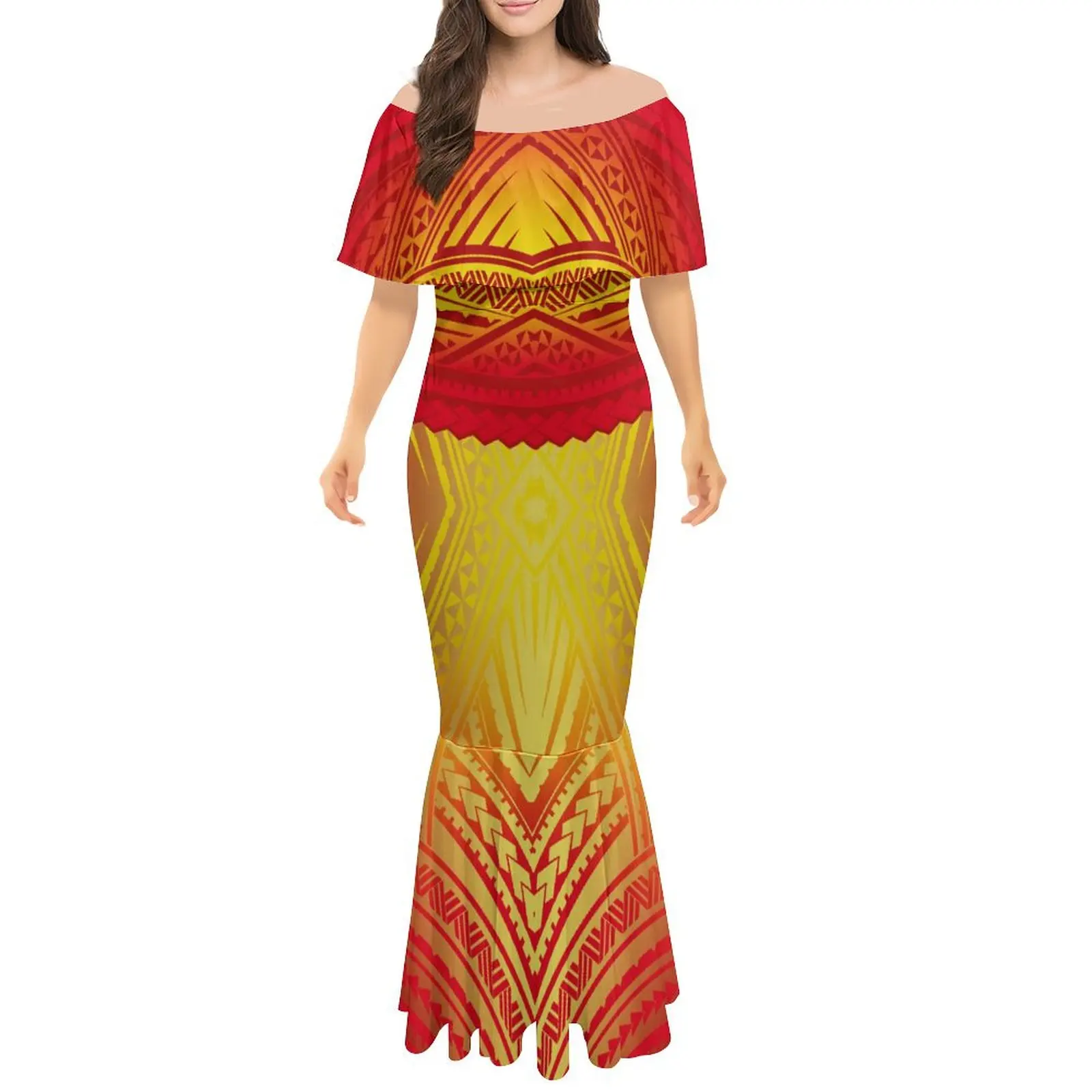 Női váll nélküli ruha polinéz törzs által tervezett parti női fishtail ruha elegáns földig érő ruha Kép 3
