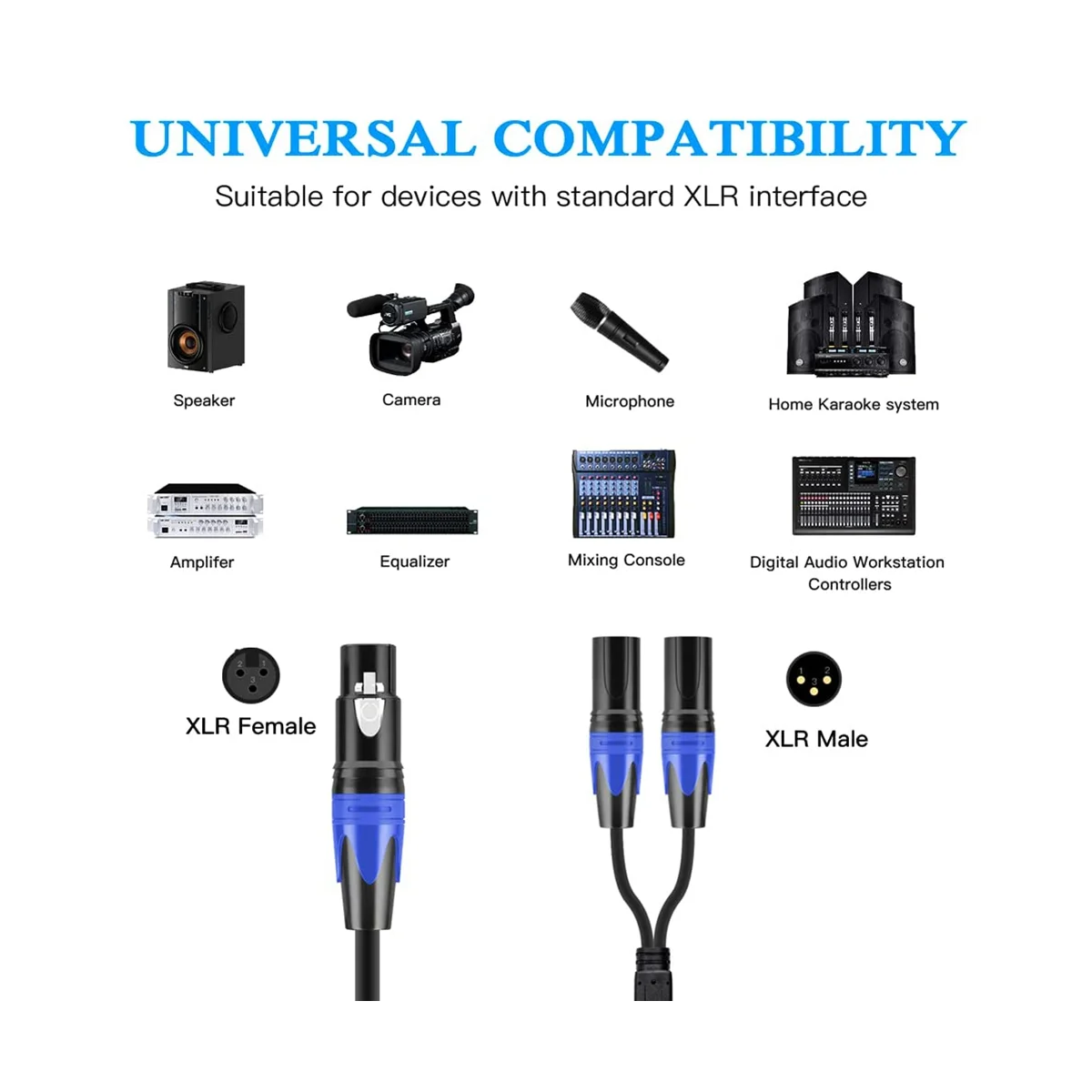 XLR osztókábel, 1 XLR anya - 2 XLR apa Y kábel Szimmetrikus mikrofonelosztó kábel Audio adapter 2 csomag Kép 3