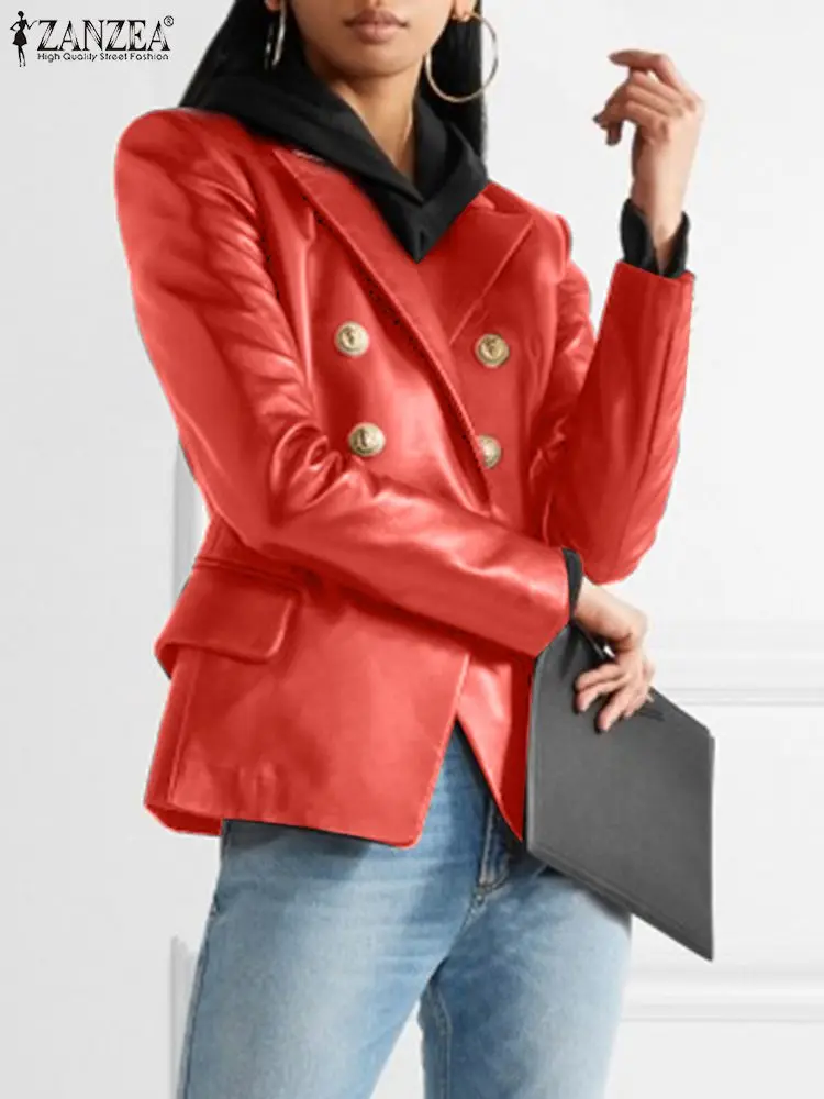 ZANZEA 2023 PU bőr Cool Blazer női őszi gombok dzseki vintage hosszú ujjú kabát divathajtóka gallér irodai felsőruházat Kép 3
