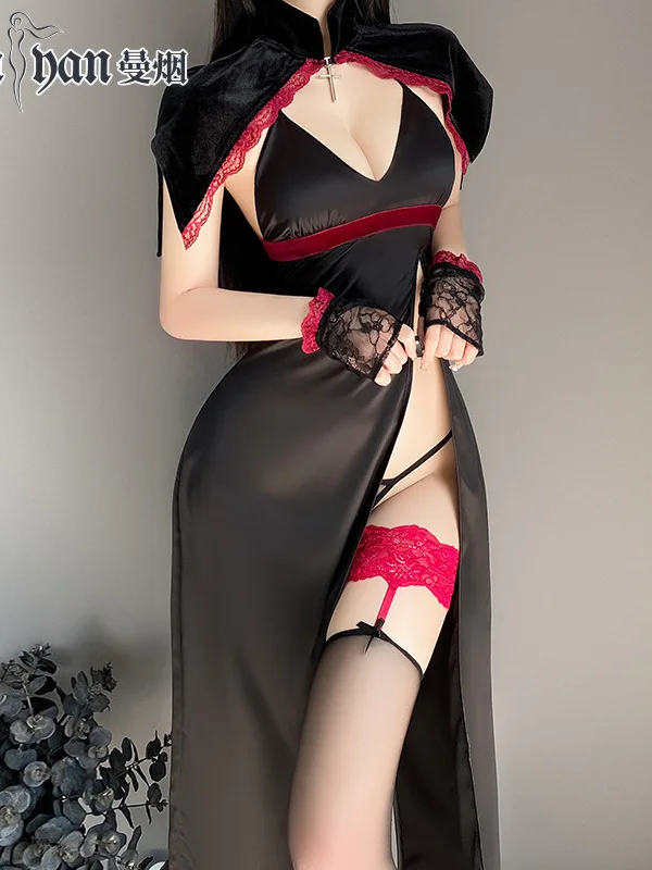 Divat Édes Mini ruha Halloween Fehérnemű Szexi Magas derék Hasított Sötét boszorkány Cheongsam Egyenruha Elegáns szexi koreai ZQ12 Kép 4