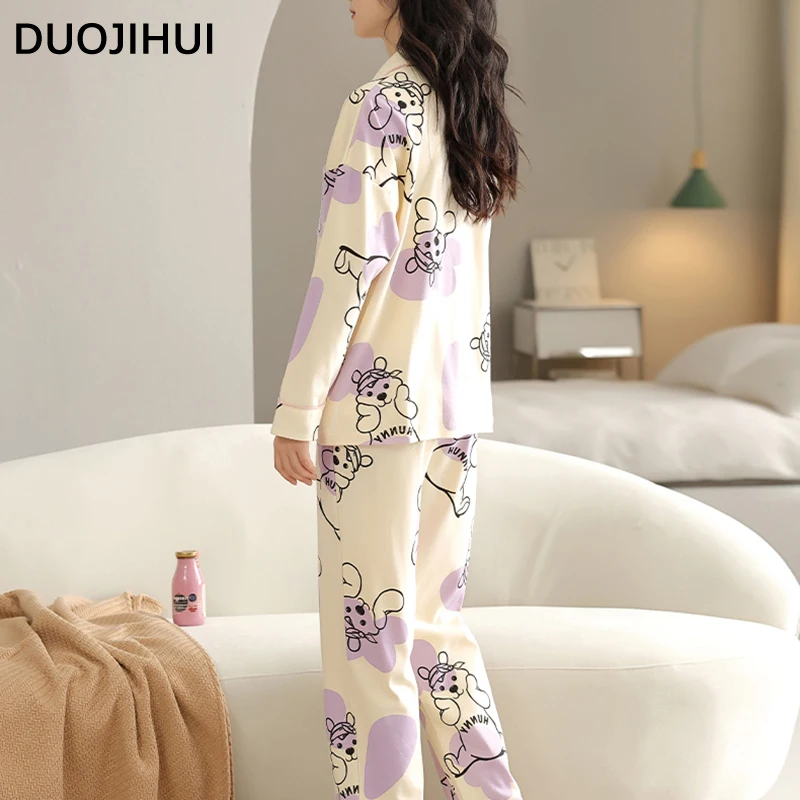 DUOJIHUI Chic zsebes alkalmi otthoni pizsama nőknek Új gomb Cardigan Basic nadrág laza mellkaspárnával Egyszerű női pizsama szett Kép 4