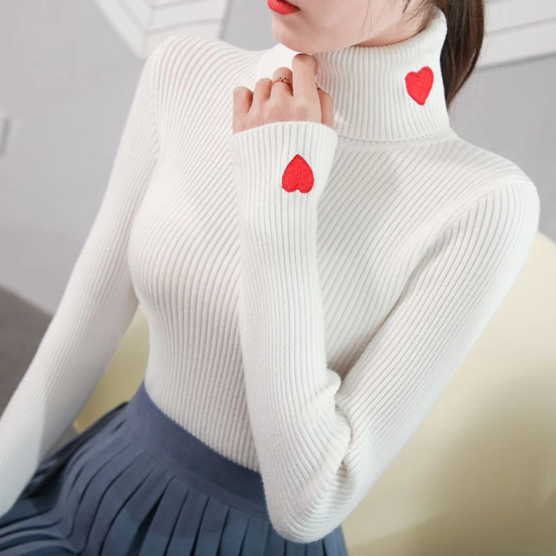 Gidyq Spring Women Kötött pulóver Divat Szerelem hímzés Slim fenekű ing Alkalmi Koreai Női Tömör pulóver Top Új Kép 4