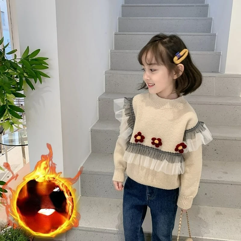 koreai gyermek kötött pulóver kislányoknak 2023 téli ruhák pulóver virágok csipke pulóverrel H37 gyermekruházat Kép 4