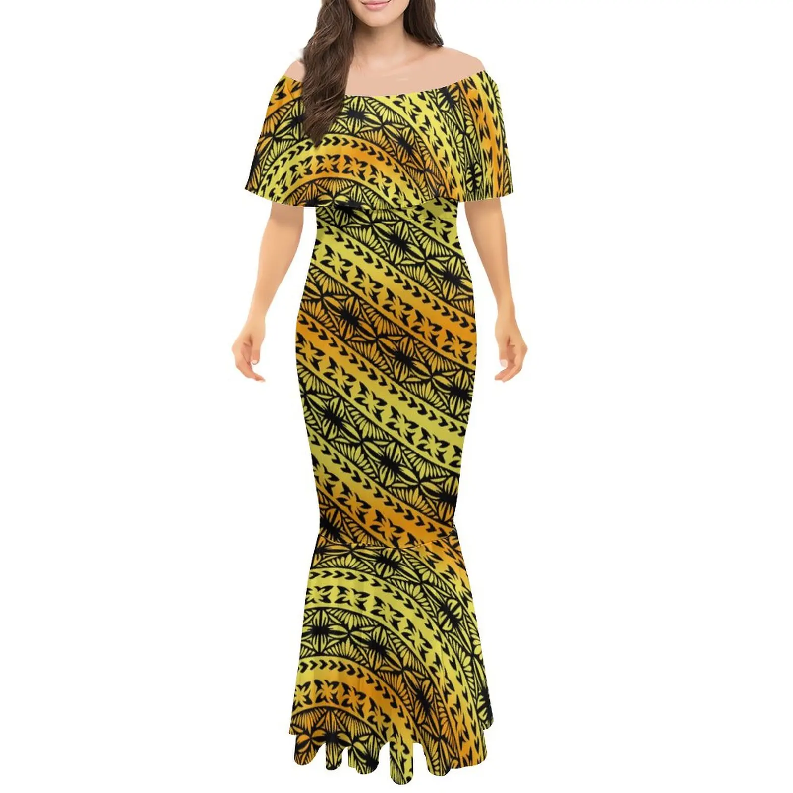 Női váll nélküli ruha polinéz törzs által tervezett parti női fishtail ruha elegáns földig érő ruha Kép 4