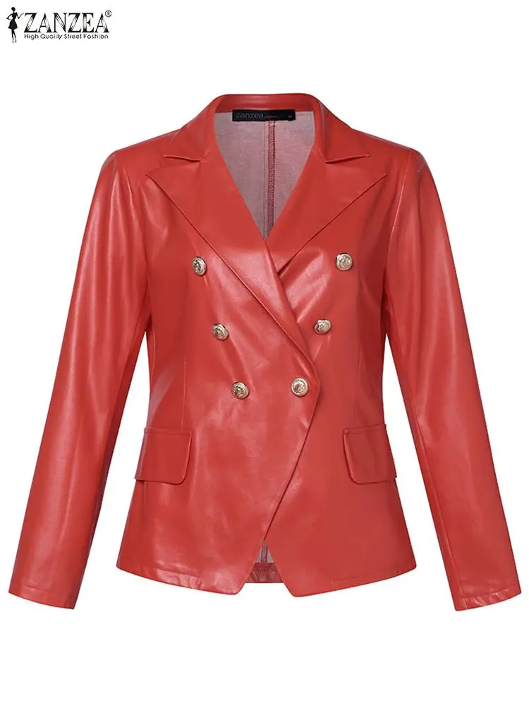 ZANZEA 2023 PU bőr Cool Blazer női őszi gombok dzseki vintage hosszú ujjú kabát divathajtóka gallér irodai felsőruházat Kép 4