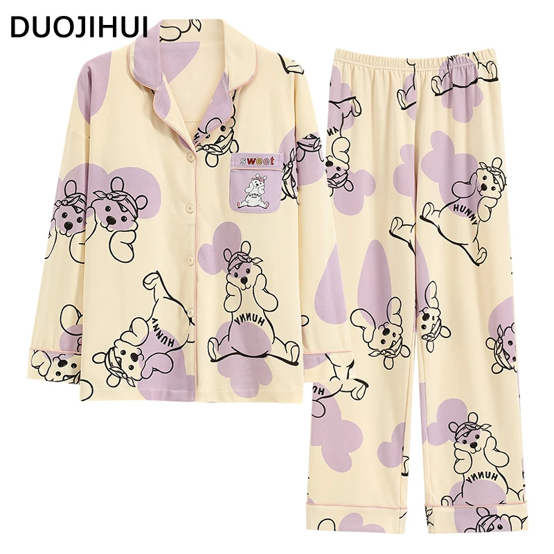 DUOJIHUI Chic zsebes alkalmi otthoni pizsama nőknek Új gomb Cardigan Basic nadrág laza mellkaspárnával Egyszerű női pizsama szett Kép 5