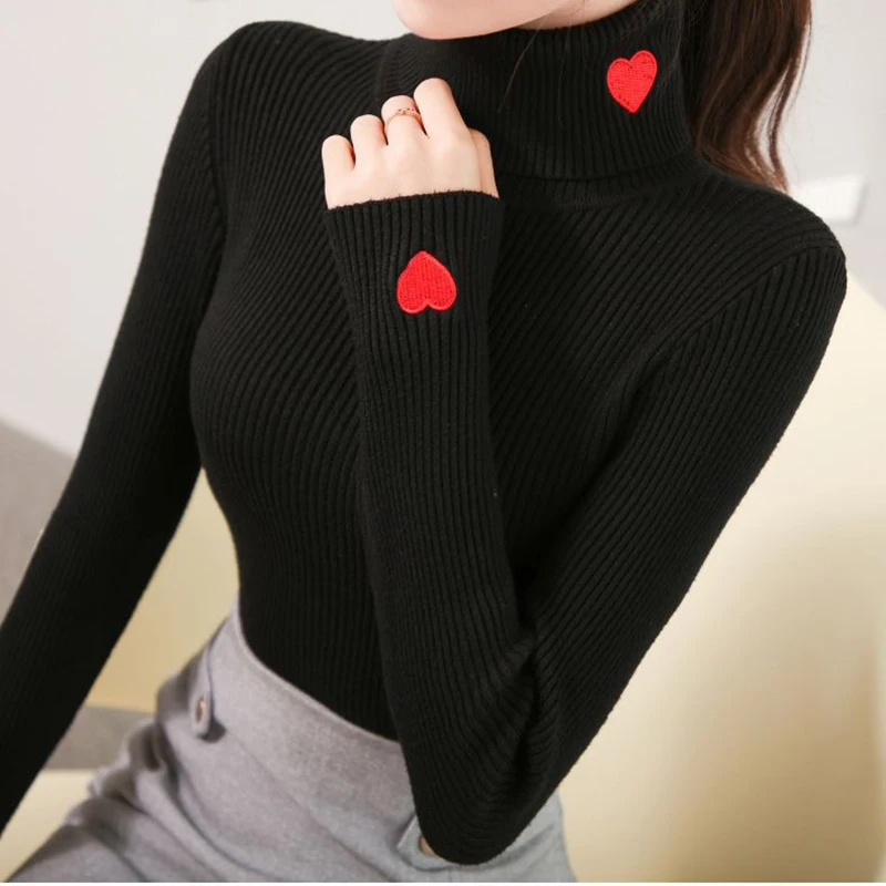 Gidyq Spring Women Kötött pulóver Divat Szerelem hímzés Slim fenekű ing Alkalmi Koreai Női Tömör pulóver Top Új Kép 5