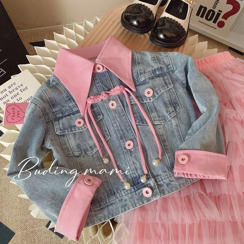 Kiskereskedelem 2023 Új kislányok őszi divatkészletek, farmerkabát + rózsaszín hálós szoknyák Princess édes öltönyök 2-9 t Kép 5