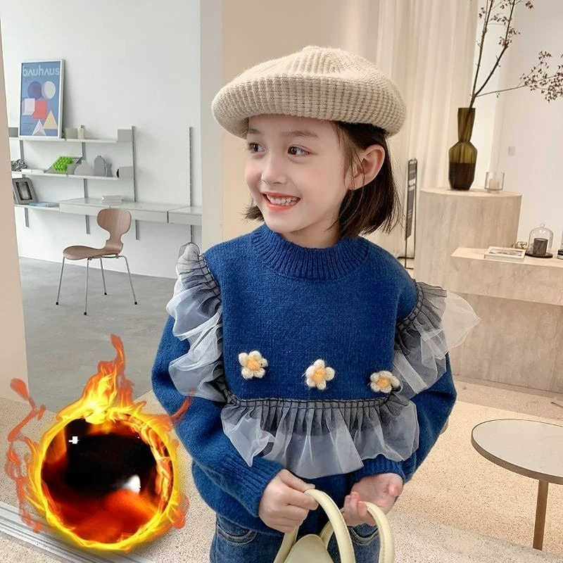 koreai gyermek kötött pulóver kislányoknak 2023 téli ruhák pulóver virágok csipke pulóverrel H37 gyermekruházat Kép 5